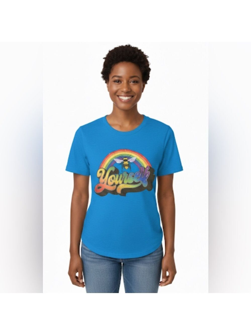 Unisex Gildan T-Shirt Blue/Yellow Size XL with Bee and Rainbow Graphic